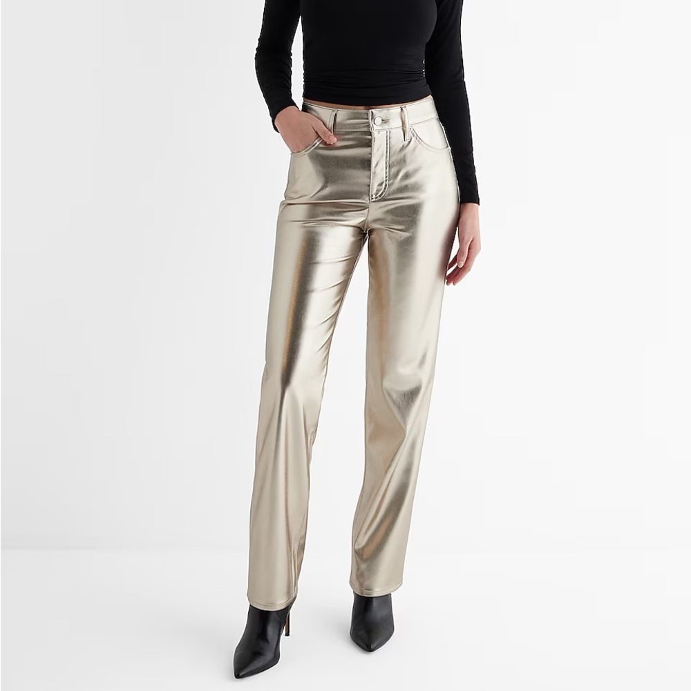 High Waisted Metallic Faux Leather Modern Straight Pant
